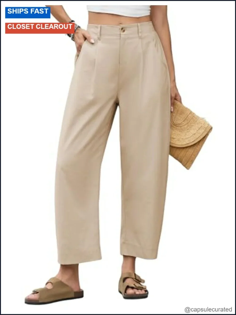 High Waisted Barrel Wide Leg Capri Pants Cotton Linen Blend Casual Palazzo